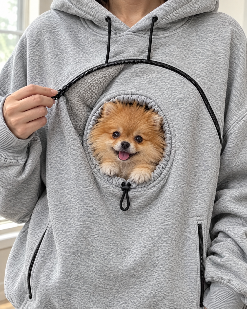 Close-up of the curved zip and the fleece-lined pouch