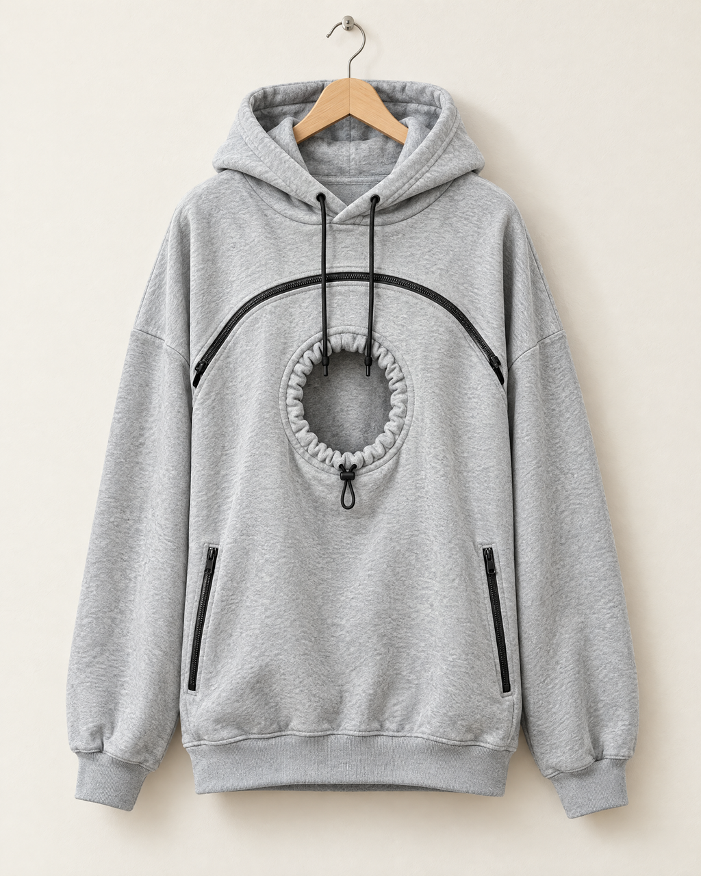 The Pawdie Pocket Hoodie in light gray on a hanger