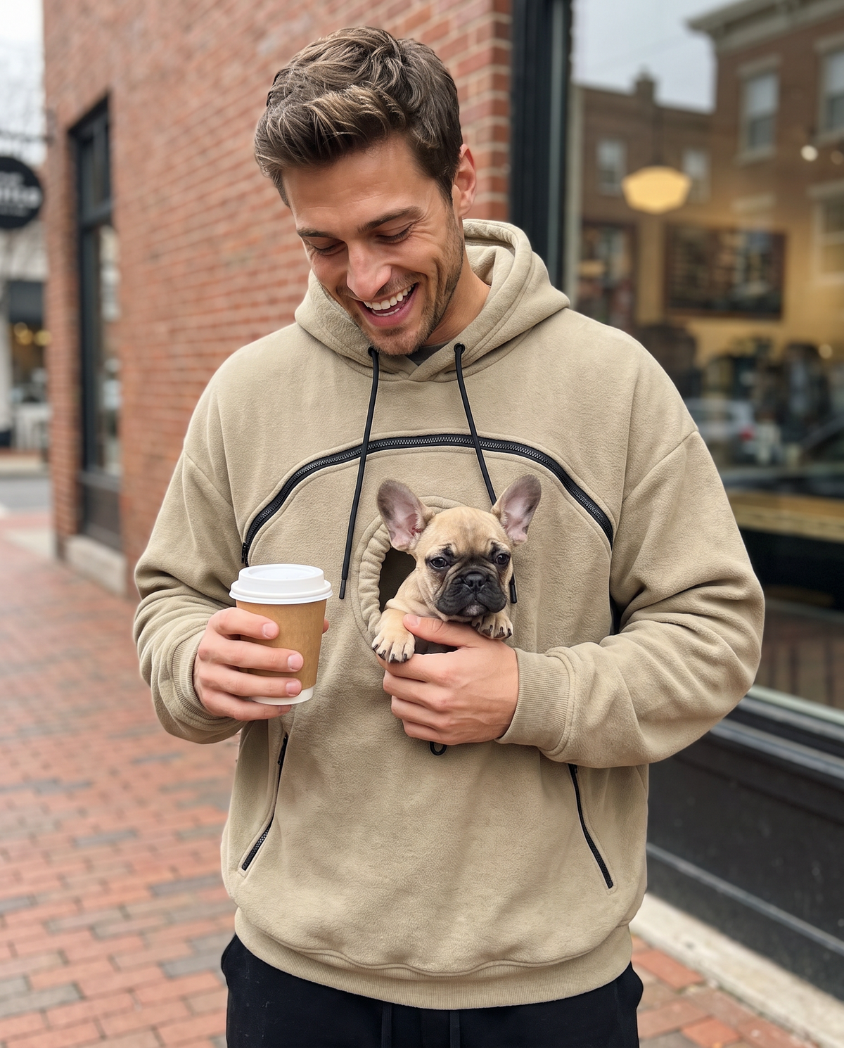 Man in a khaki Pawdie Pocket Hoodie with a French Bulldog puppy