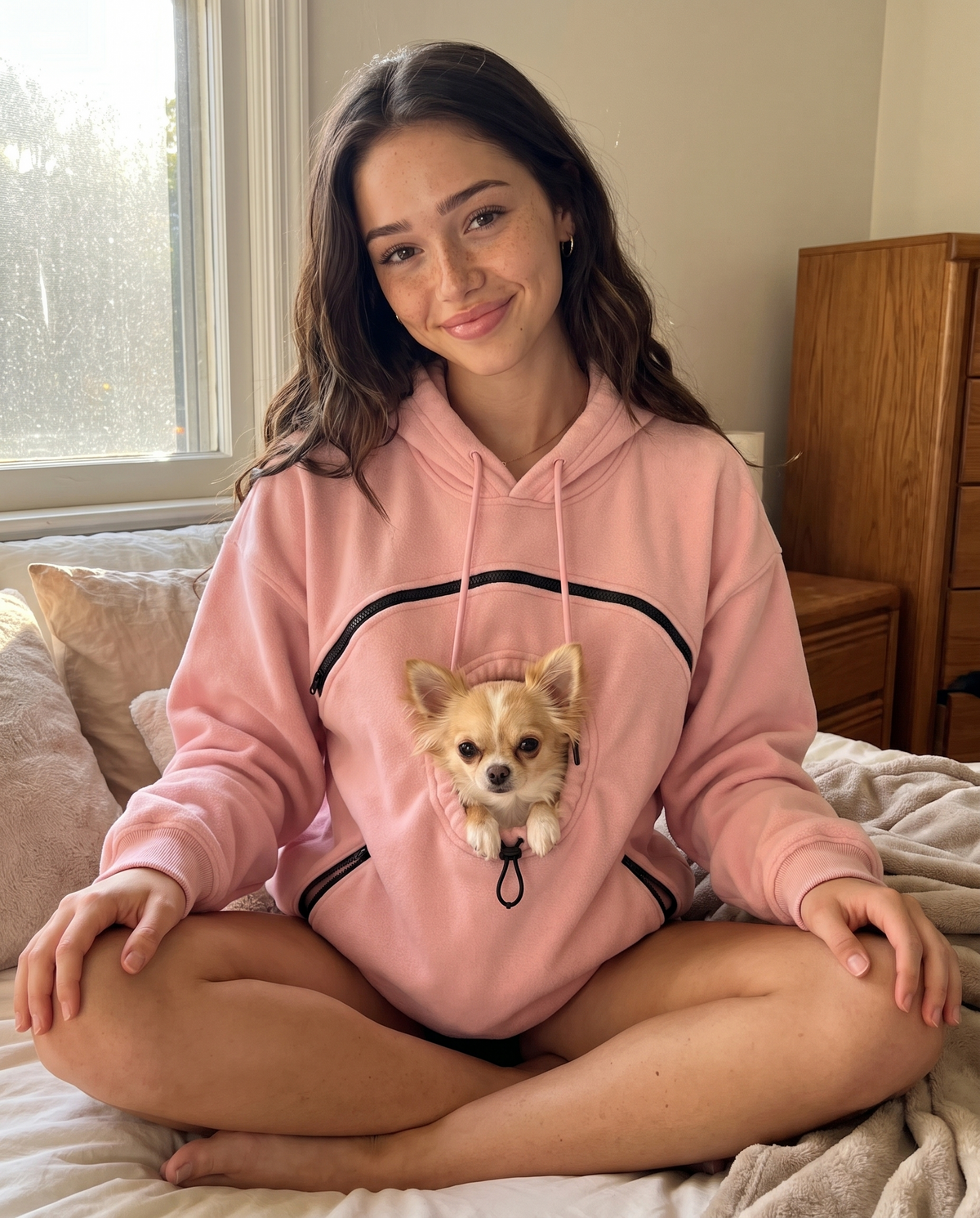 Woman in a pink Pawdie Pocket Hoodie with a Chihuahua