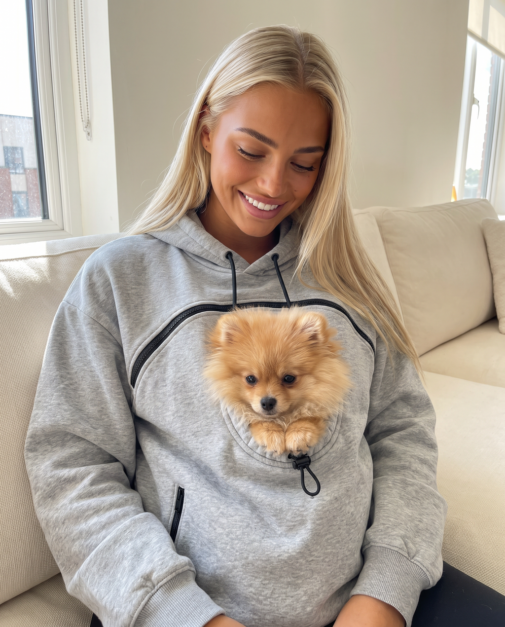 Woman in a light gray Pawdie Pocket Hoodie with a Pomeranian